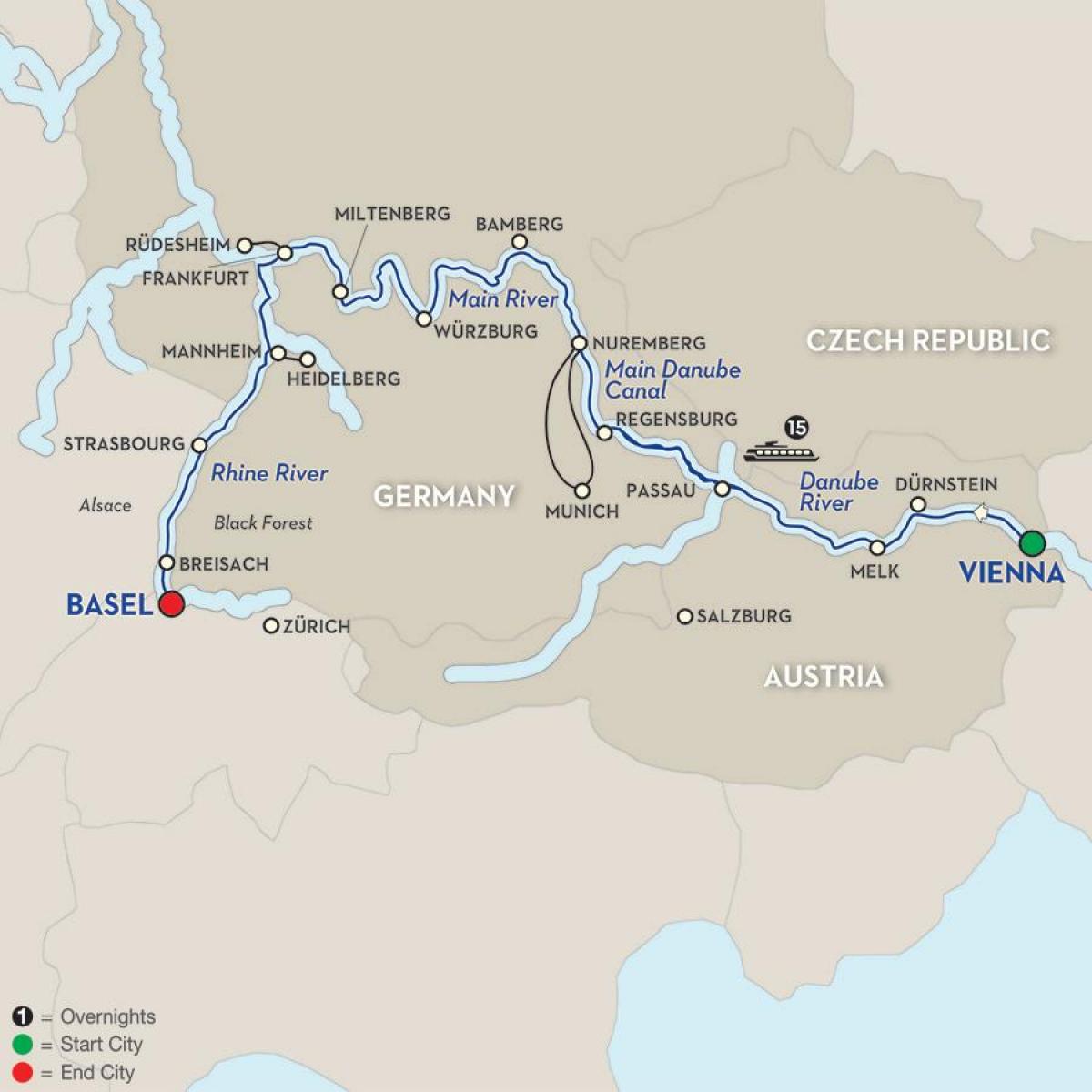 Carte du fleuve de danube de Vienne 
